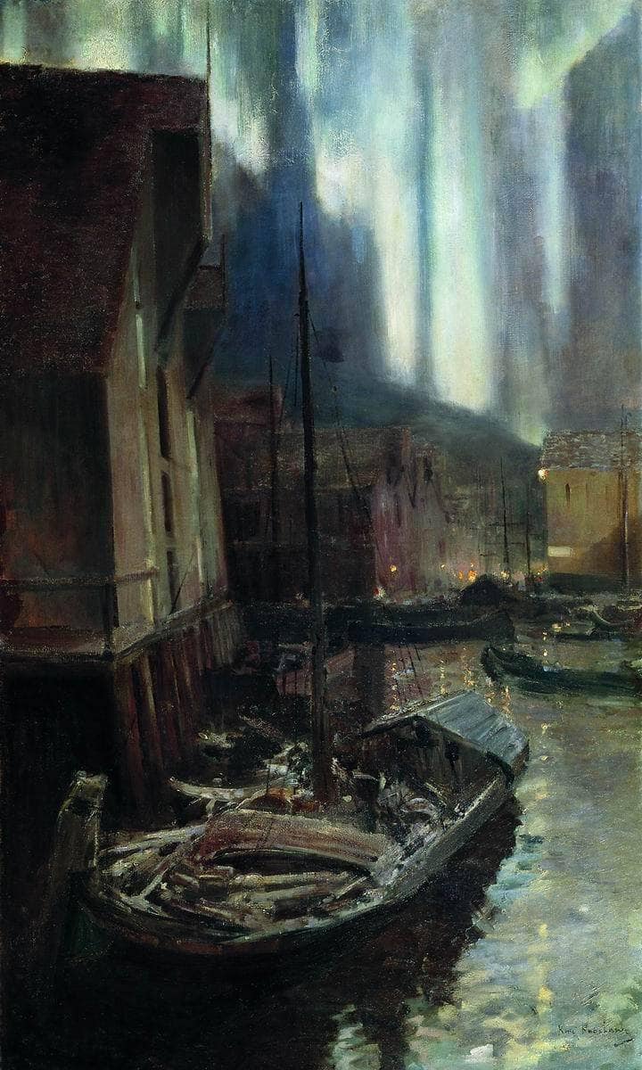 Hammerfest. The Northern Lights by Konstantin Korovin — hand-painted architectural oil painting reproduction on canvas