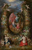 Krans van vruchten rond een voorstelling met Cybele die geschenken ontvangt van personificaties van de vier jaargetijden by Jan Brueghel the Elder — hand-painted cultural oil painting reproduction on canvas