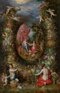 Krans van vruchten rond een voorstelling met Cybele die geschenken ontvangt van personificaties van de vier jaargetijden by Jan Brueghel the Elder — hand-painted cultural oil painting reproduction on canvas