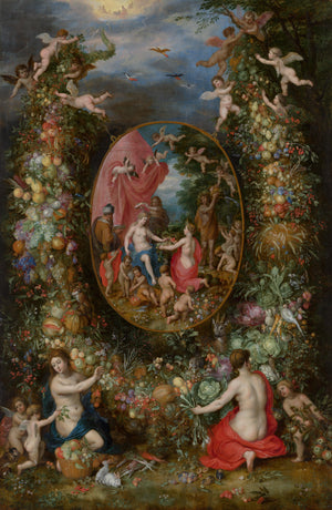 Krans van vruchten rond een voorstelling met Cybele die geschenken ontvangt van personificaties van de vier jaargetijden - Jan Brueghel the Elder