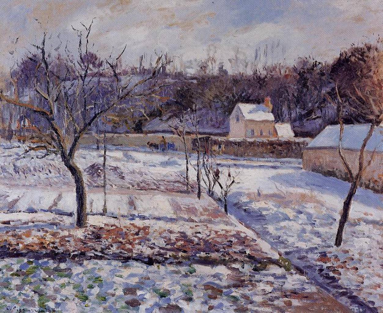 L'Hermitage, Pontoise Snow Effect - Camille Pissarro