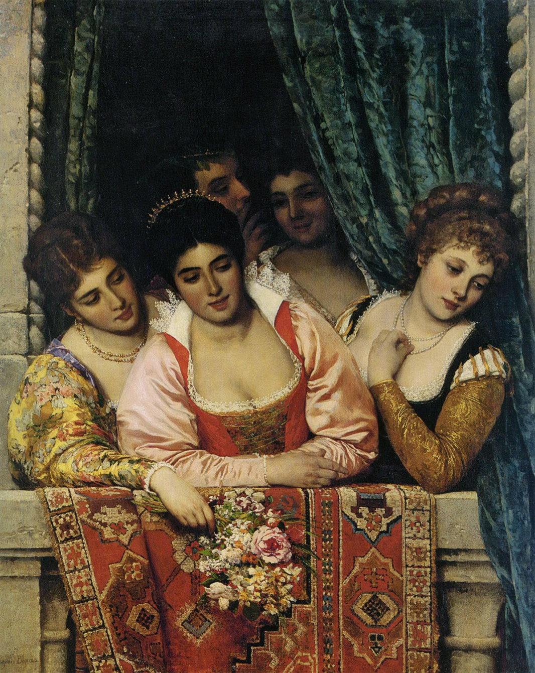 Ladies on a Balcony by Eugene de Blaas — hand-painted botanical oil painting reproduction on canvas