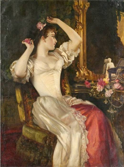 Lady in front of the mirror with rose bouquet - Wladyslaw Czachorski