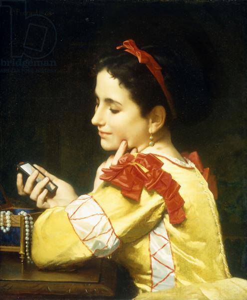 Lady looking in a hand mirror by Léon Bazile Perrault, hand-painted portrait oil painting reproduction on canvas