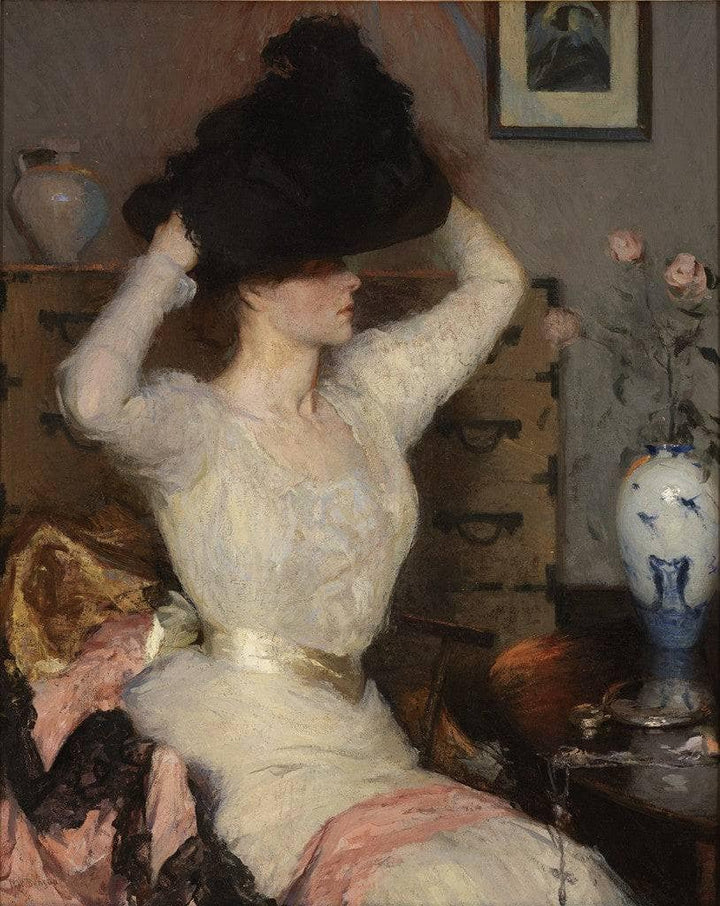 Lady Trying on a Hat (The Black Hat) by Frank W. Benson — hand-painted portrait oil painting reproduction on canvas