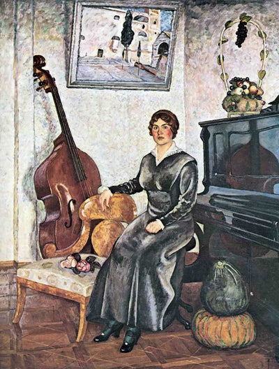 Lady with a contrabass in apartment