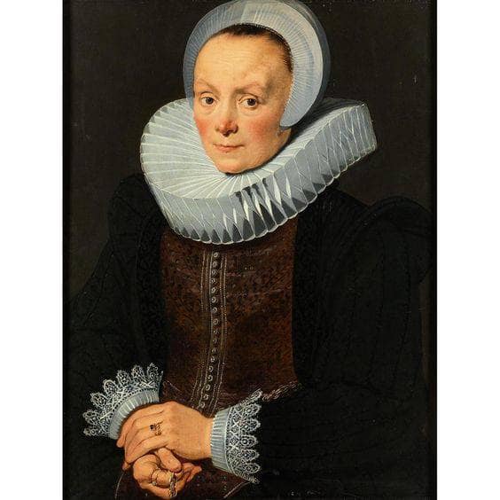 Lady with interlocked hands, ruff and gold jewelry by Cornelis de Vos — hand-painted portrait oil painting reproduction on canvas