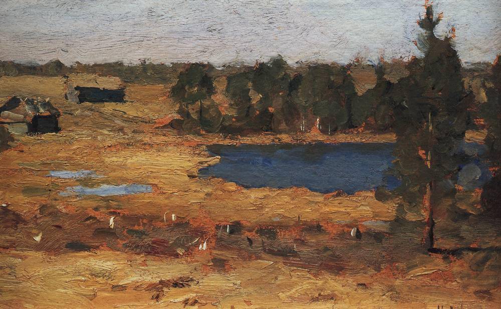 Lake. Barns at the forest edge. - Isaac Levitan