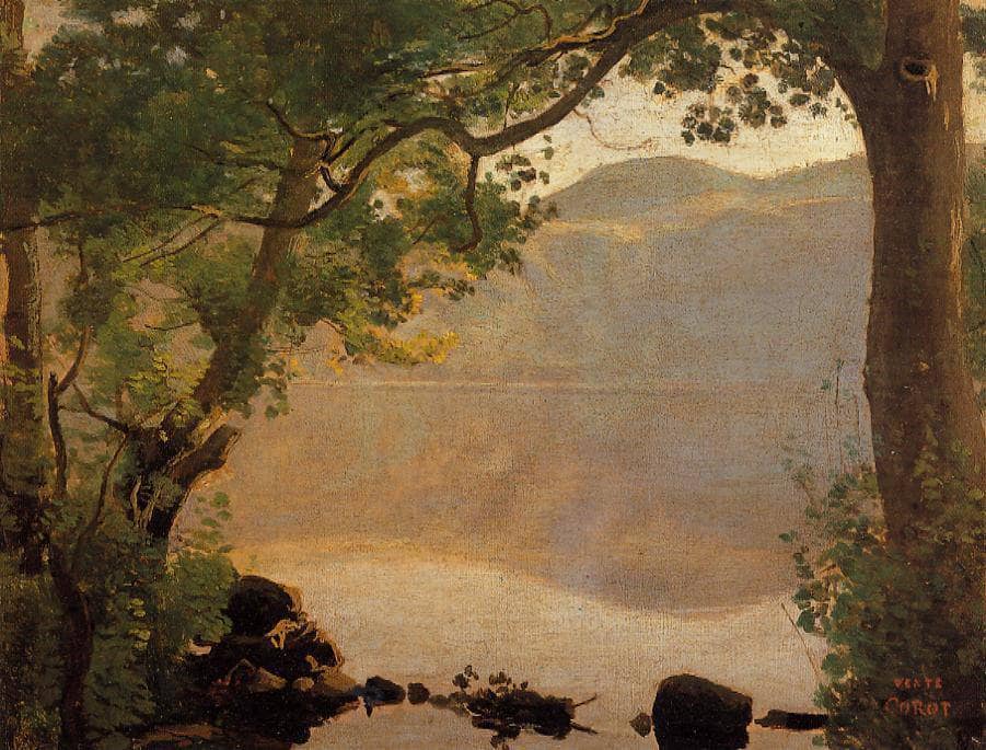 Lake Nemi, Seen through Trees by Camille Corot — hand-painted botanical oil painting reproduction on canvas