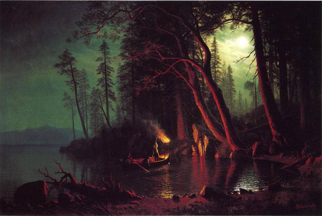 Lake Tahoe, Spearing Fish by Torchlight by Albert Bierstadt — hand-painted botanical oil painting reproduction on canvas