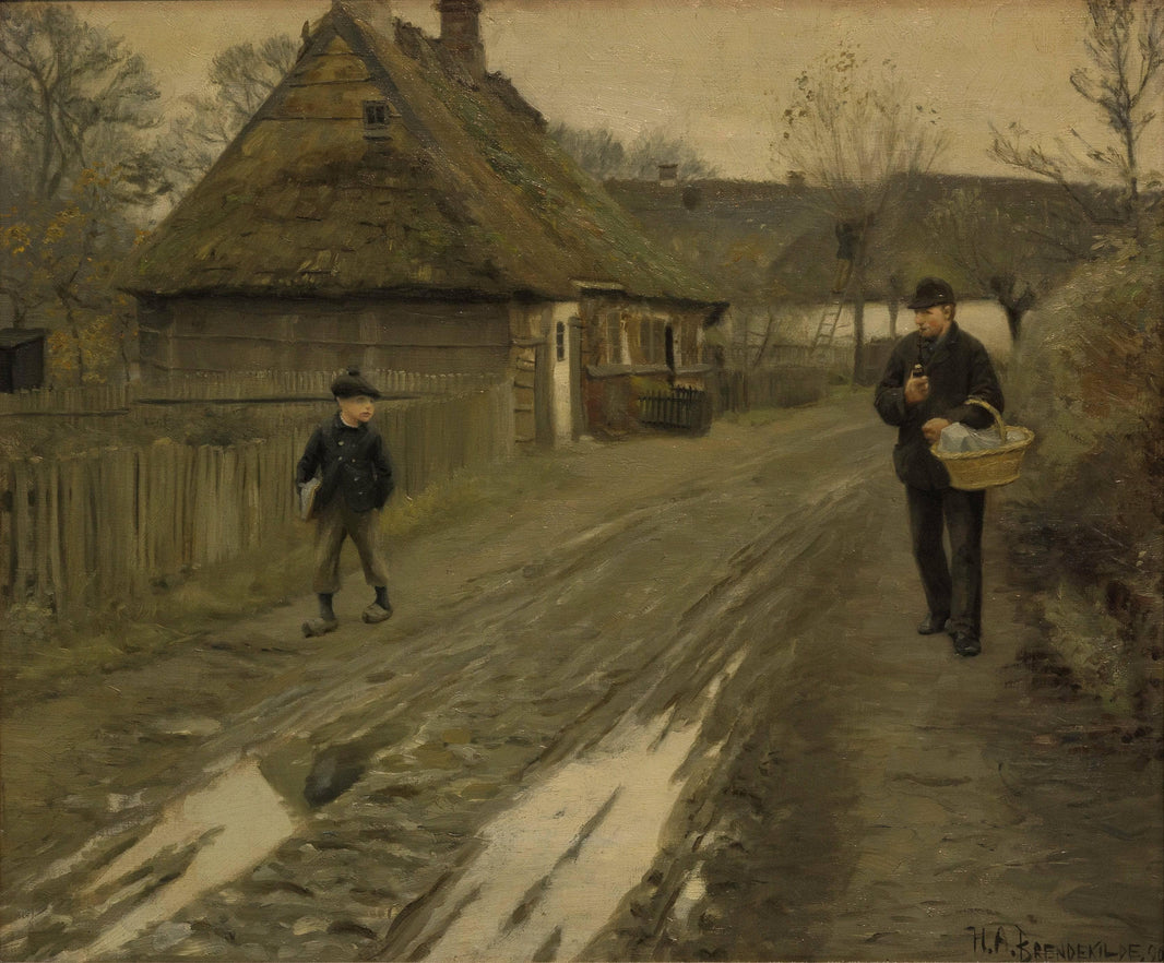 Landsbygade I Grå Vinterstemning by Hans Andersen Brendekilde — hand-painted landscape oil painting reproduction on canvas