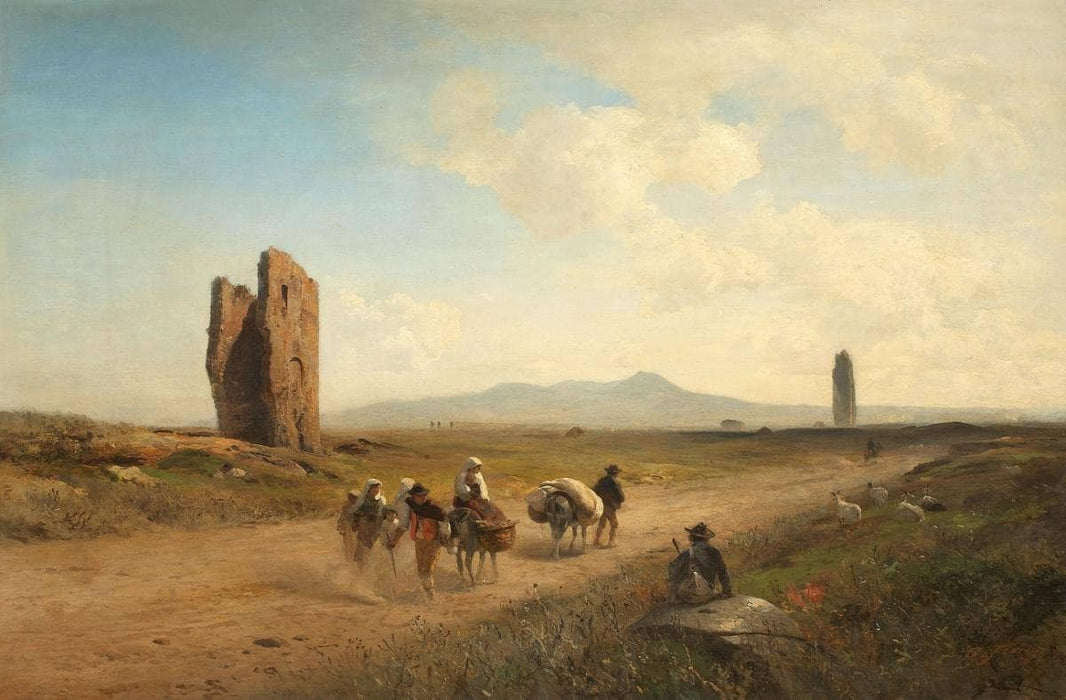 Landscape in the Campagna Romana with ruins and peasants by Albert Flamm — hand-painted landscape oil painting reproduction on canvas