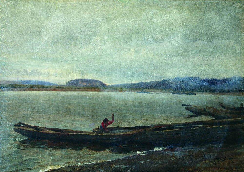 Landscape of the Volga with boats - Ilya Repin