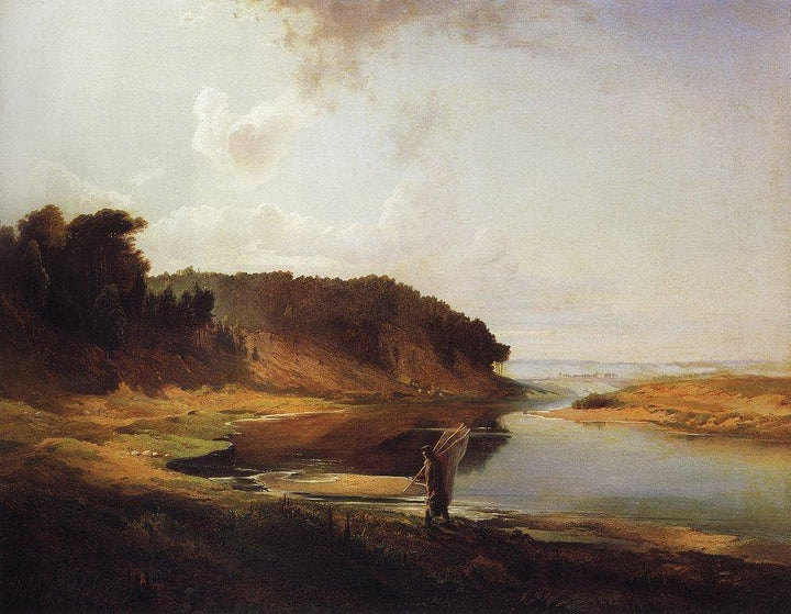 Landscape with a River and an Angler by Aleksey Savrasov — hand-painted botanical oil painting reproduction on canvas