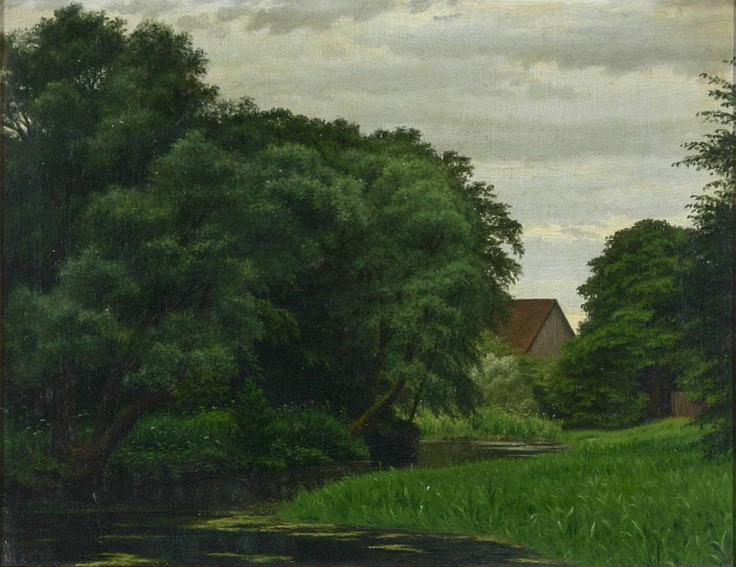 Landscape with a stream and a house by Harald Jerichau — hand-painted landscape oil painting reproduction on canvas