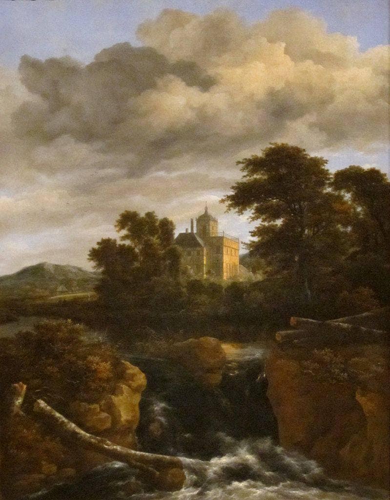 Landscape with a Waterfall and Castle by Jacob van Ruisdael — hand-painted architectural oil painting reproduction on canvas