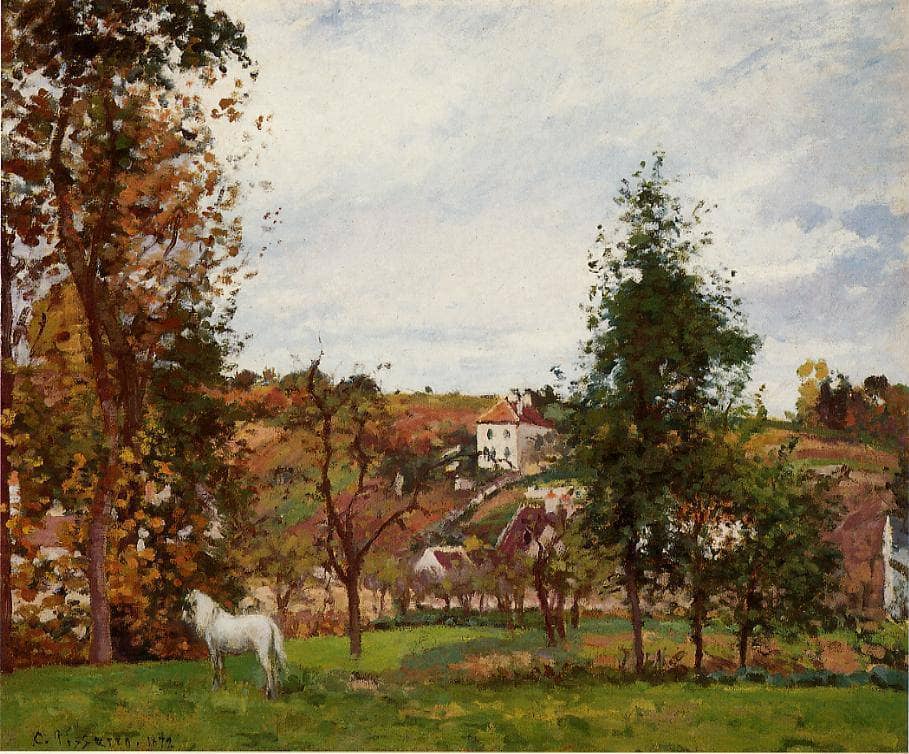 Landscape With A White Horse In A Field, L'Ermitage by Camille Pissarro — hand-painted botanical oil painting reproduction on canvas