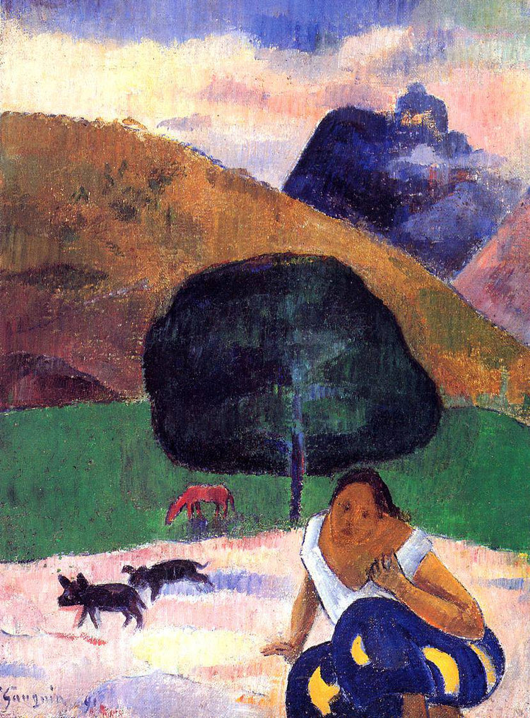 Landscape with black pigs and a crouching Tahitian - Paul Gauguin