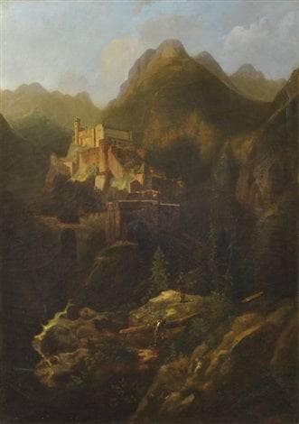 Landscape with castle in mountain gorge on gallery wrap