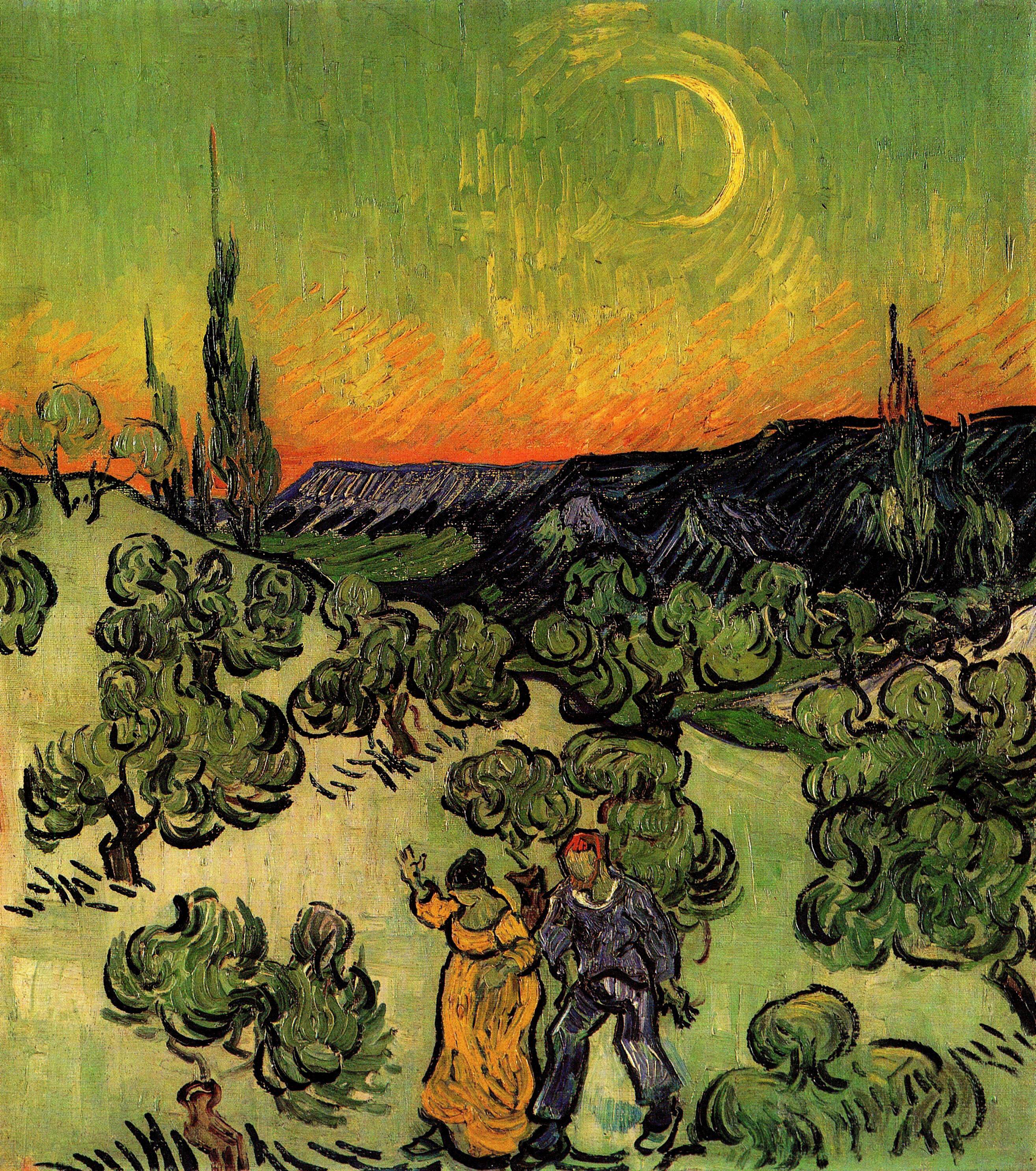 Landscape with Couple Walking and Crescent Moon - Vincent van Gogh