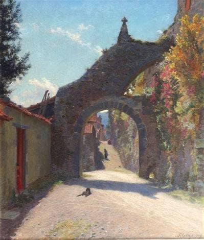 Landscape with dog by Jean-André Rixens — hand-painted architectural oil painting reproduction on canvas