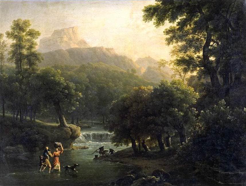 Landscape with Figures Crossing a River by Jean-Joseph-Xavier Bidauld — hand-painted botanical oil painting reproduction on canvas