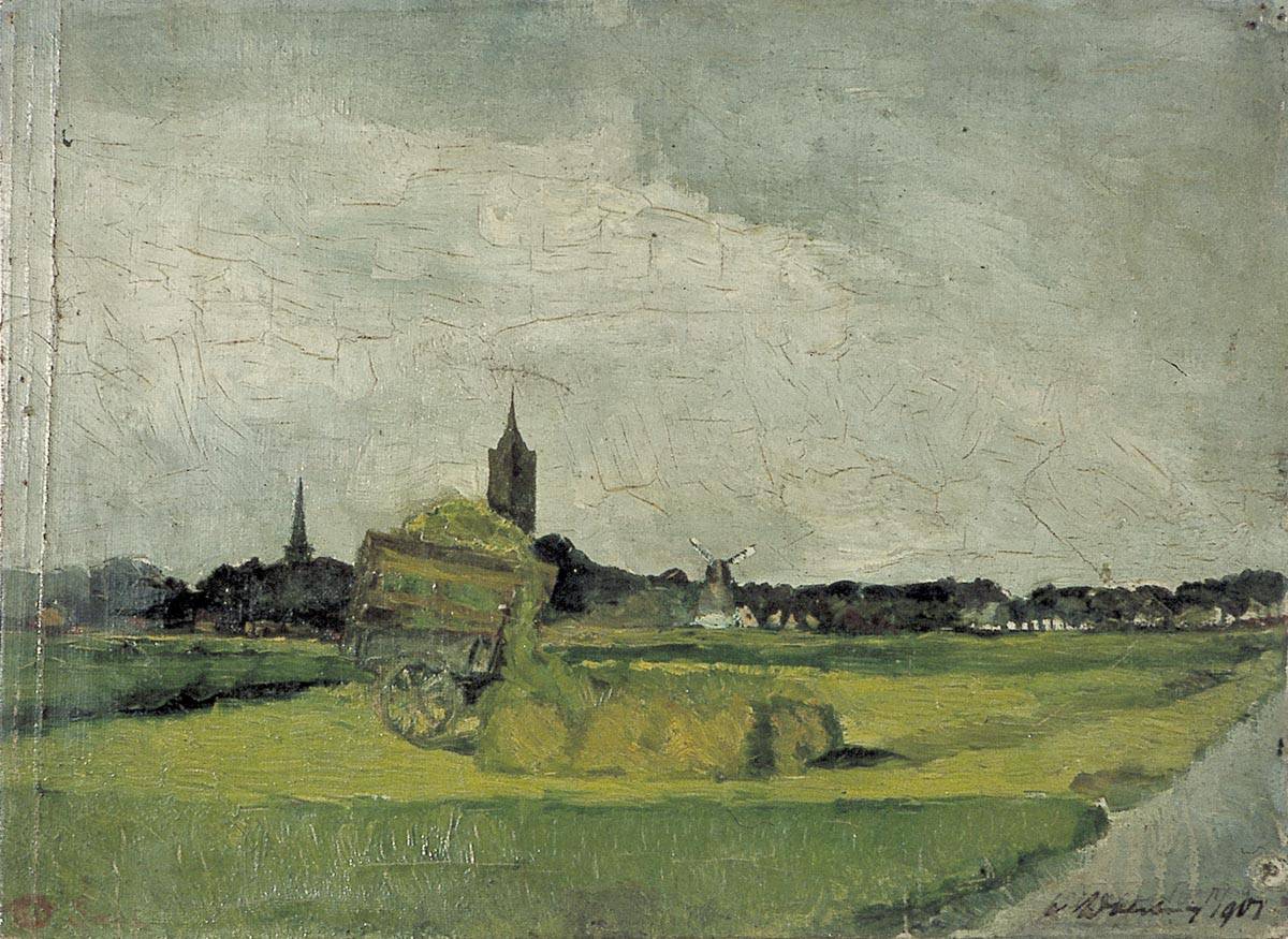 Landscape with hay cart, church towers and windmill - Theo van Doesburg