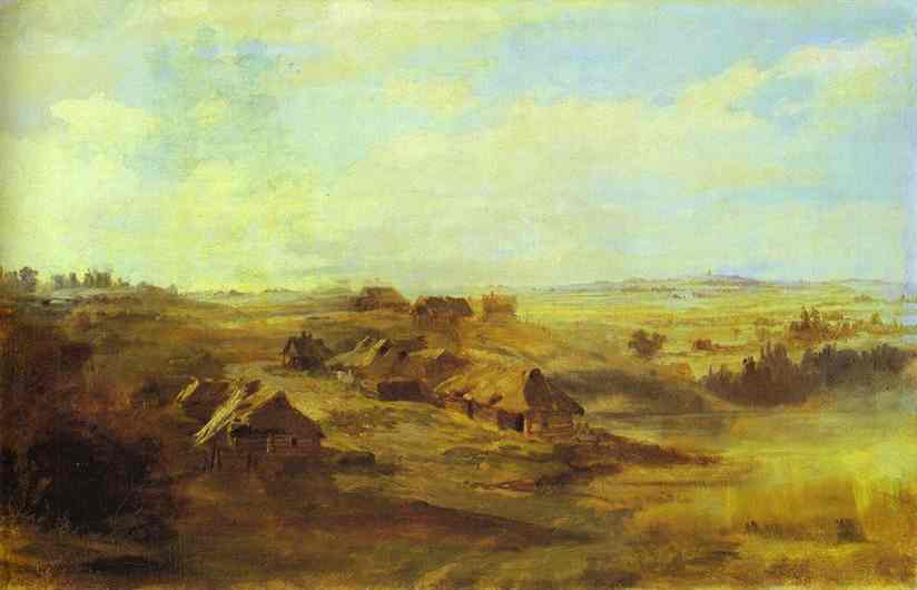 Landscape with Peasant's Huts and Pond near St. Petersburg by Fyodor Vasilyev — hand-painted landscape oil painting reproduction on canvas