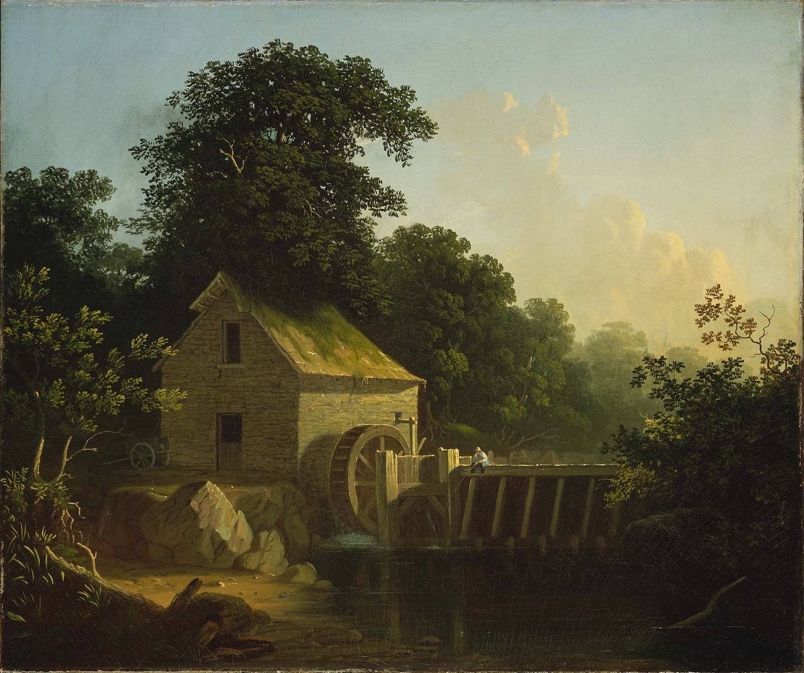 Landscape with Waterwheel and Boy Fishing - George Caleb Bingham