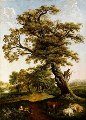 Large oak tree in front of a small oak grove in the background with sleeping shepherd and resting cattle - Hendrik Voogd