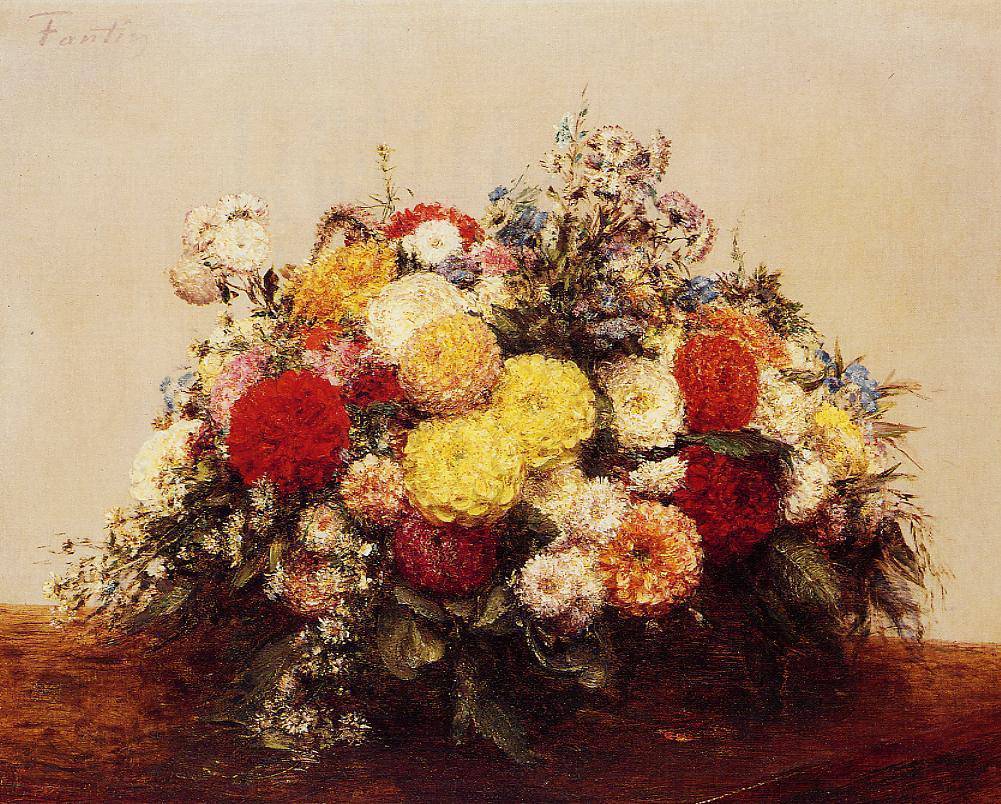 Large Vase of Dahlias and Assorted Flowers - Henri Fantin-Latour