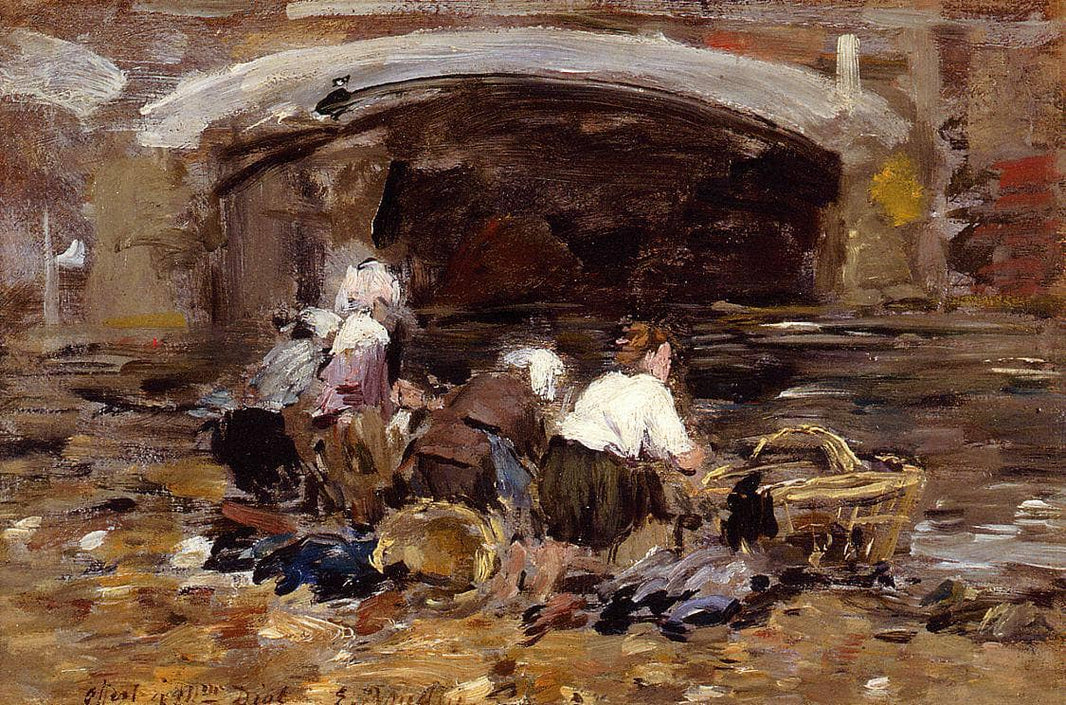 Laundresses near a Bridge by Eugene Boudin — hand-painted still oil painting reproduction on canvas