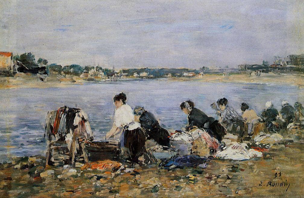Laundresses on the banks of Touques by Eugene Boudin — hand-painted landscape oil painting reproduction on canvas