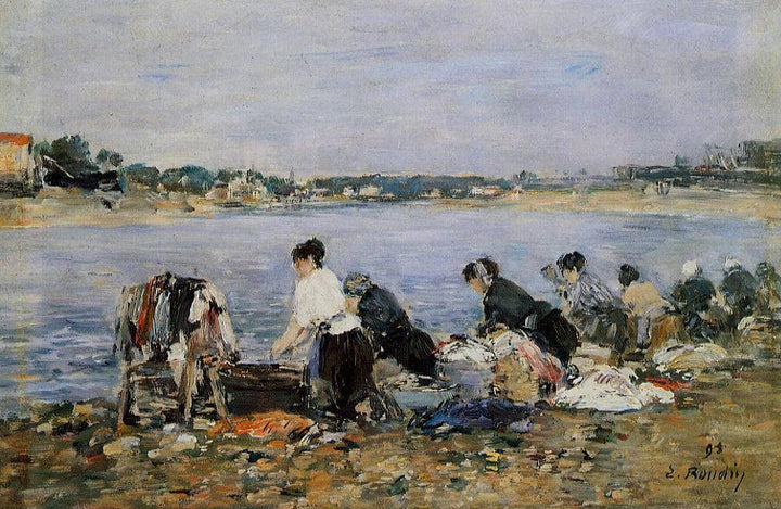 Laundresses on the banks of Touques by Eugene Boudin — hand-painted landscape oil painting reproduction on canvas