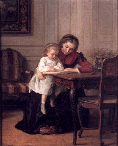 Learning to read by Jules Trayer, hand-painted portrait oil painting reproduction on canvas