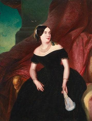 Portrait of a lady with a pearl necklace and a fan in kitchen