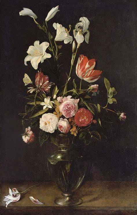 Lilies, roses and tulips in a glass vase on a wooden ledge with butterflies - Daniel Seghers