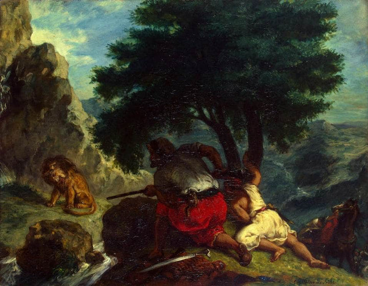 Lion Hunt in Morocco by Eugene Delacroix — hand-painted animal oil painting reproduction on canvas