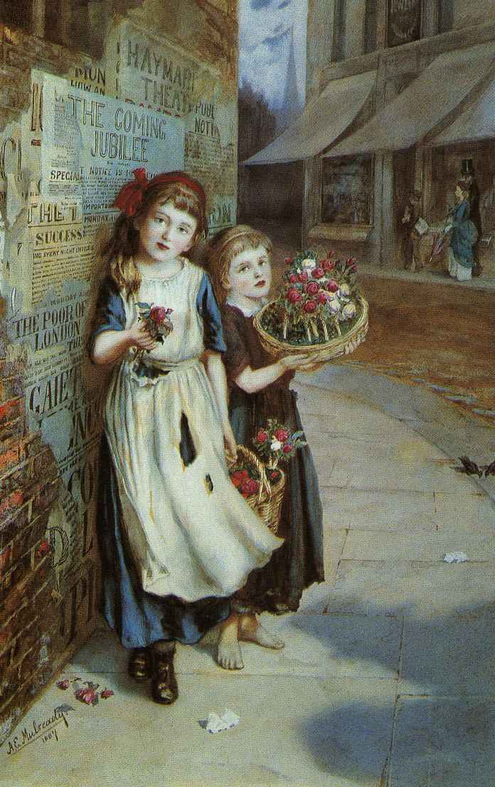 Little Flower Sellers by Augustus Edwin Mulready — hand-painted portrait oil painting reproduction on canvas