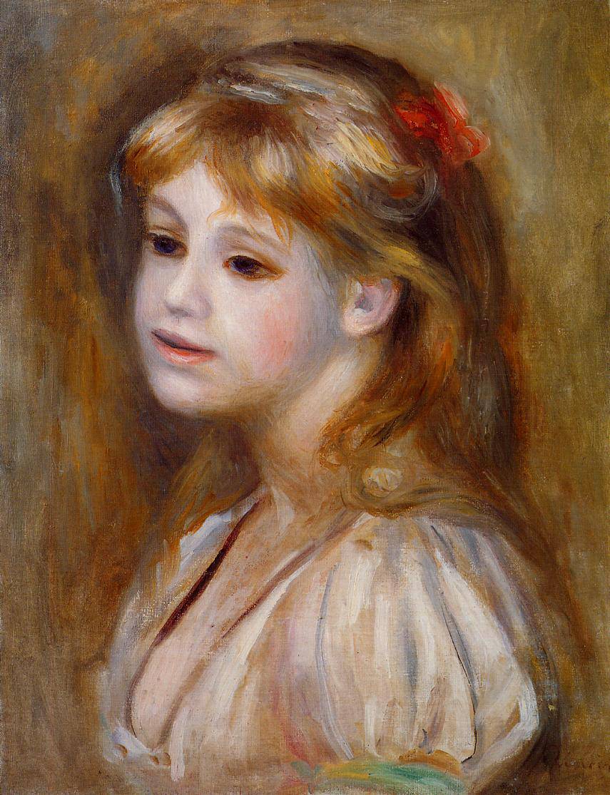 Little Girl with a Red Hair Knot by Pierre-Auguste Renoir — hand-painted portrait oil painting reproduction on canvas