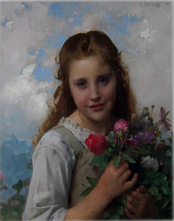 Little girl with bouquet of flowers by Léon Bazile Perrault, hand-painted portrait oil painting reproduction on canvas