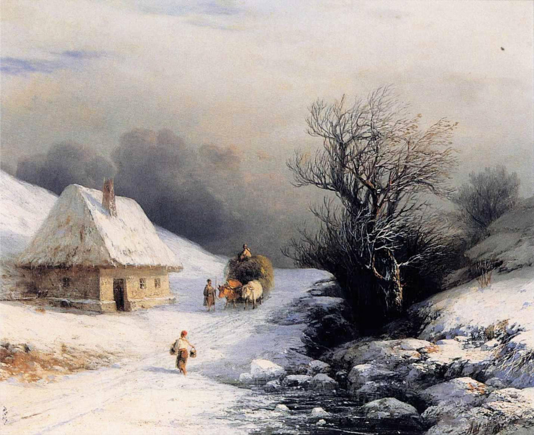 Little Russian Ox Cart in Winter by Ivan Aivazovsky — hand-painted landscape oil painting reproduction on canvas