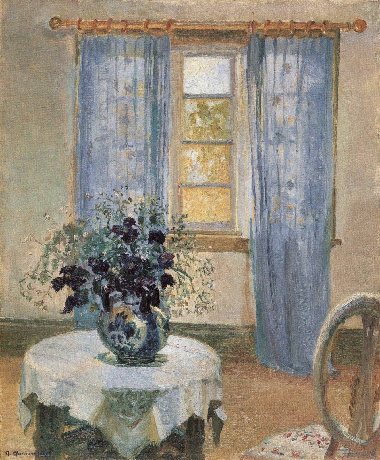 Living Room with Lilac Curtins and Blue Clematis - Anna Ancher