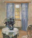 Living Room with Lilac Curtins and Blue Clematis by Anna Ancher — flower oil painting wall art, Impressionism