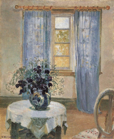 Living Room with Lilac Curtins and Blue Clematis by Anna Ancher — oil painting reproduction