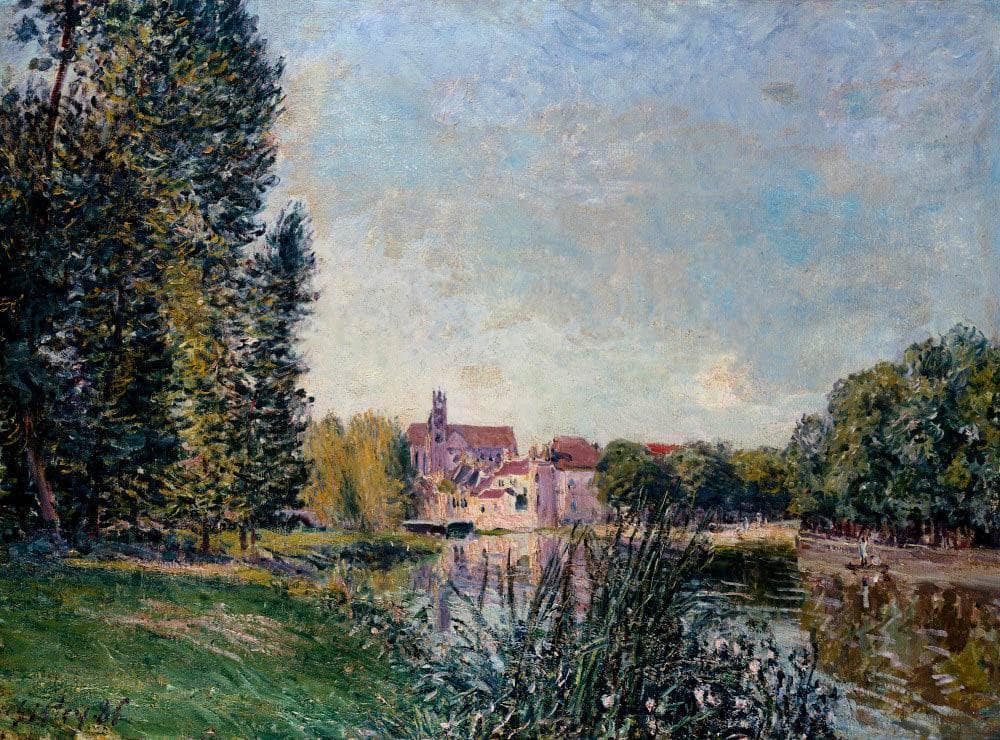 Loing River and Church at Moret by Alfred Sisley — hand-painted botanical oil painting reproduction on canvas