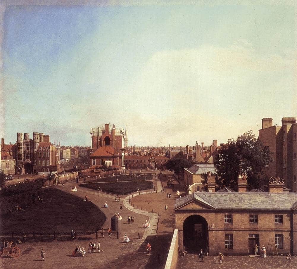 London: Whitehall and the Privy Garden from Richmond House by Canaletto — hand-painted architectural oil painting reproduction on canvas