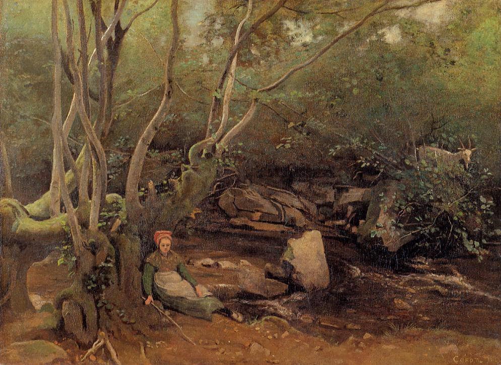 Lormes Shepherdess Sitting under Trees beside a Stream