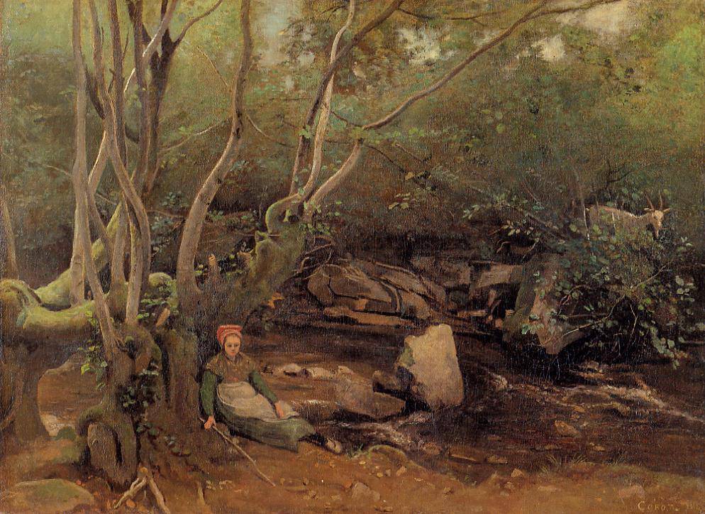 Lormes Shepherdess Sitting under Trees beside a Stream - Camille Corot