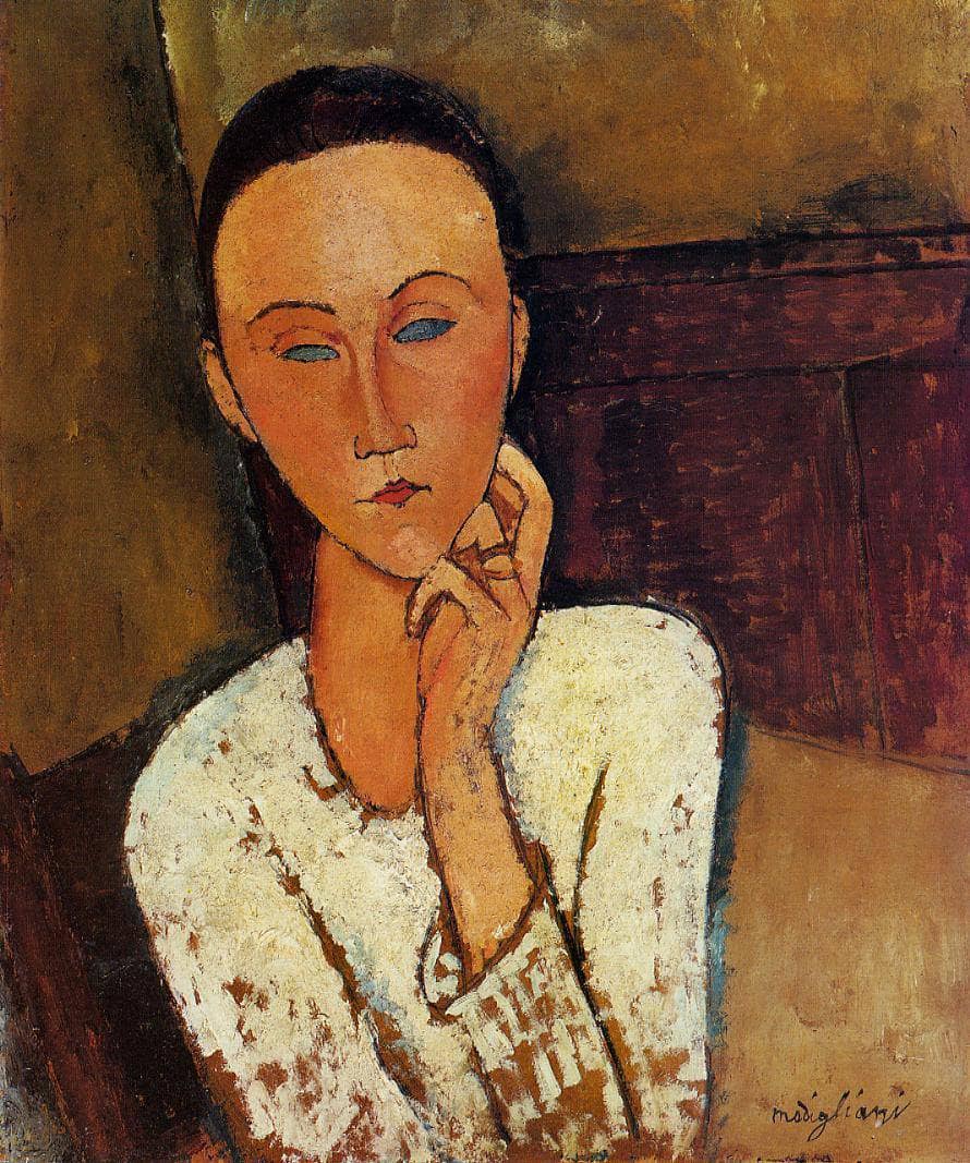 Lunia Czechowska with her left hand on her cheek by Amedeo Modigliani — hand-painted portrait oil painting reproduction on canvas